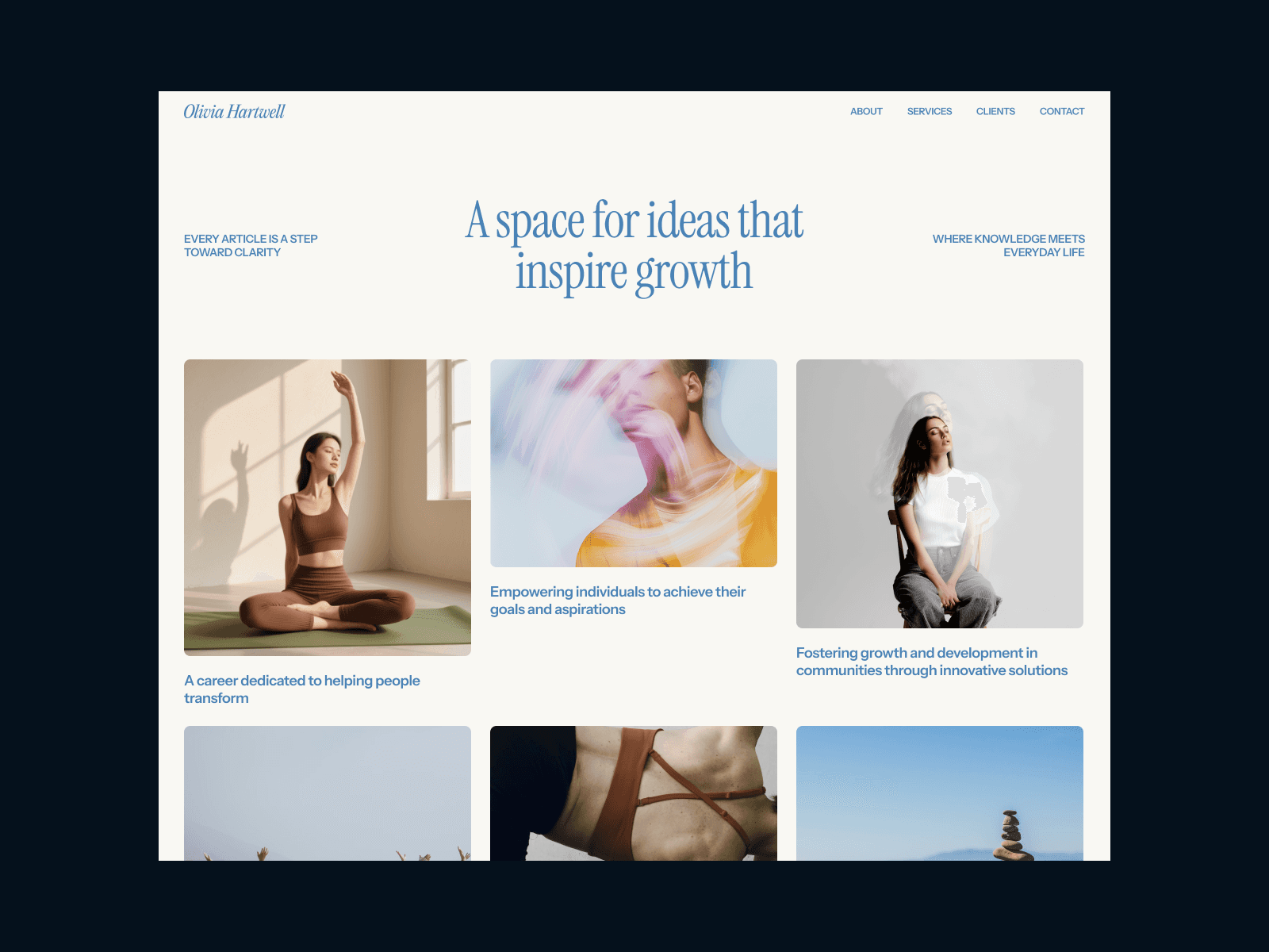 Olivia Hartwell is a clinical psychologist offering personal and group therapy, stress recovery, relationship counseling, and leadership coaching to help individuals and teams improve mental wellness and resilience.