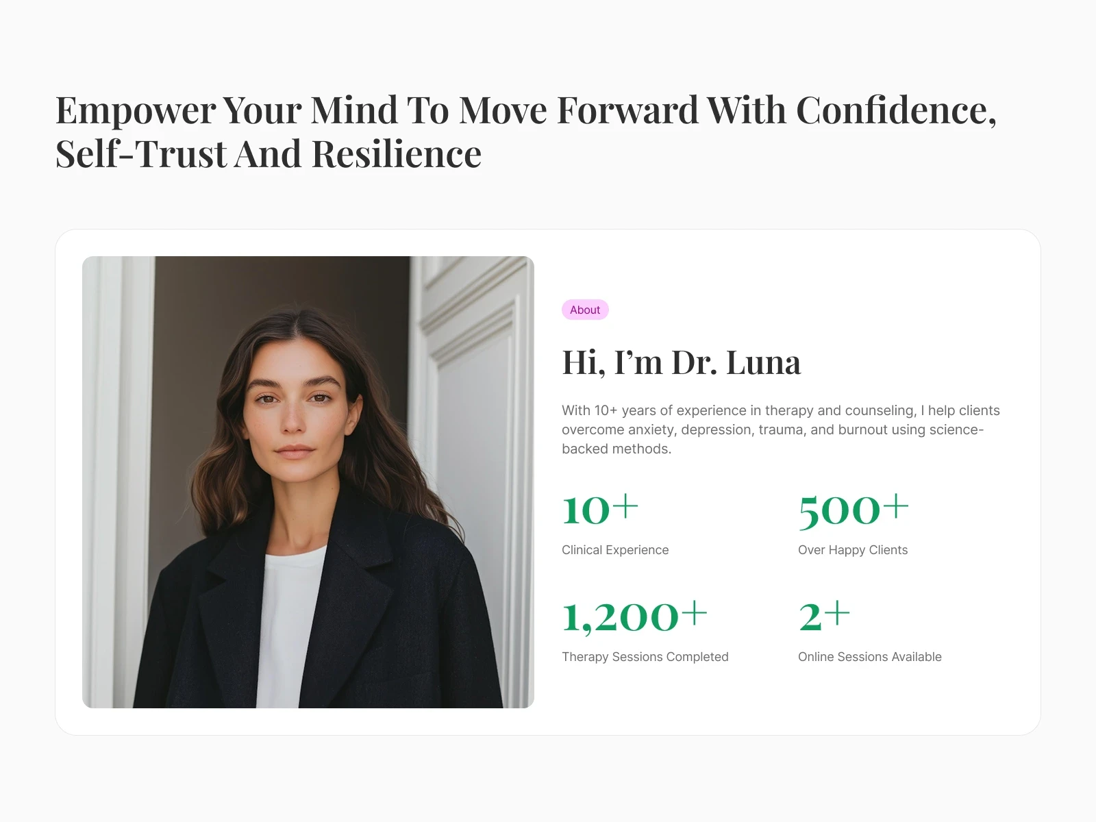 MindEase Framer template preview — a calming, minimalist website design for psychologists and therapists, featuring a soft green color palette, mental health icon, and call-to-action buttons for booking sessions.
