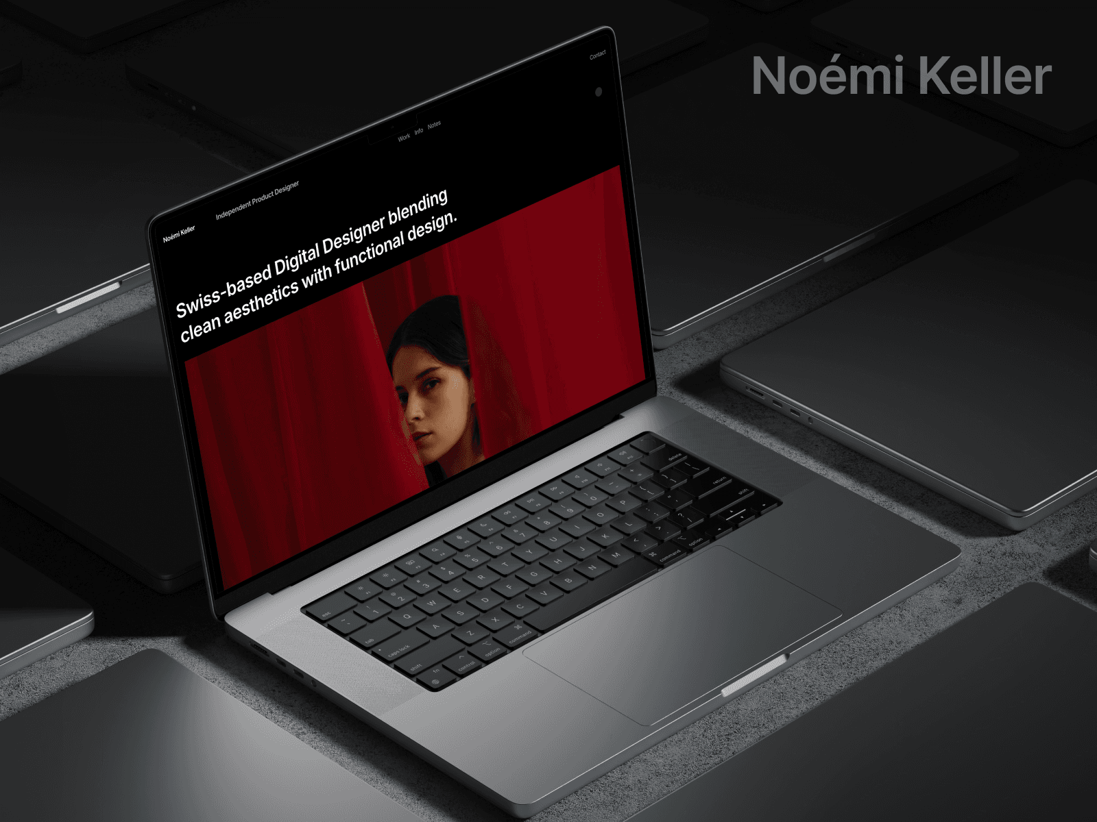 Noémi Keller premium Framer portfolio template featuring a bold hero section with a striking portrait behind red curtains, designed for creatives and agencies to showcase work with elegance.