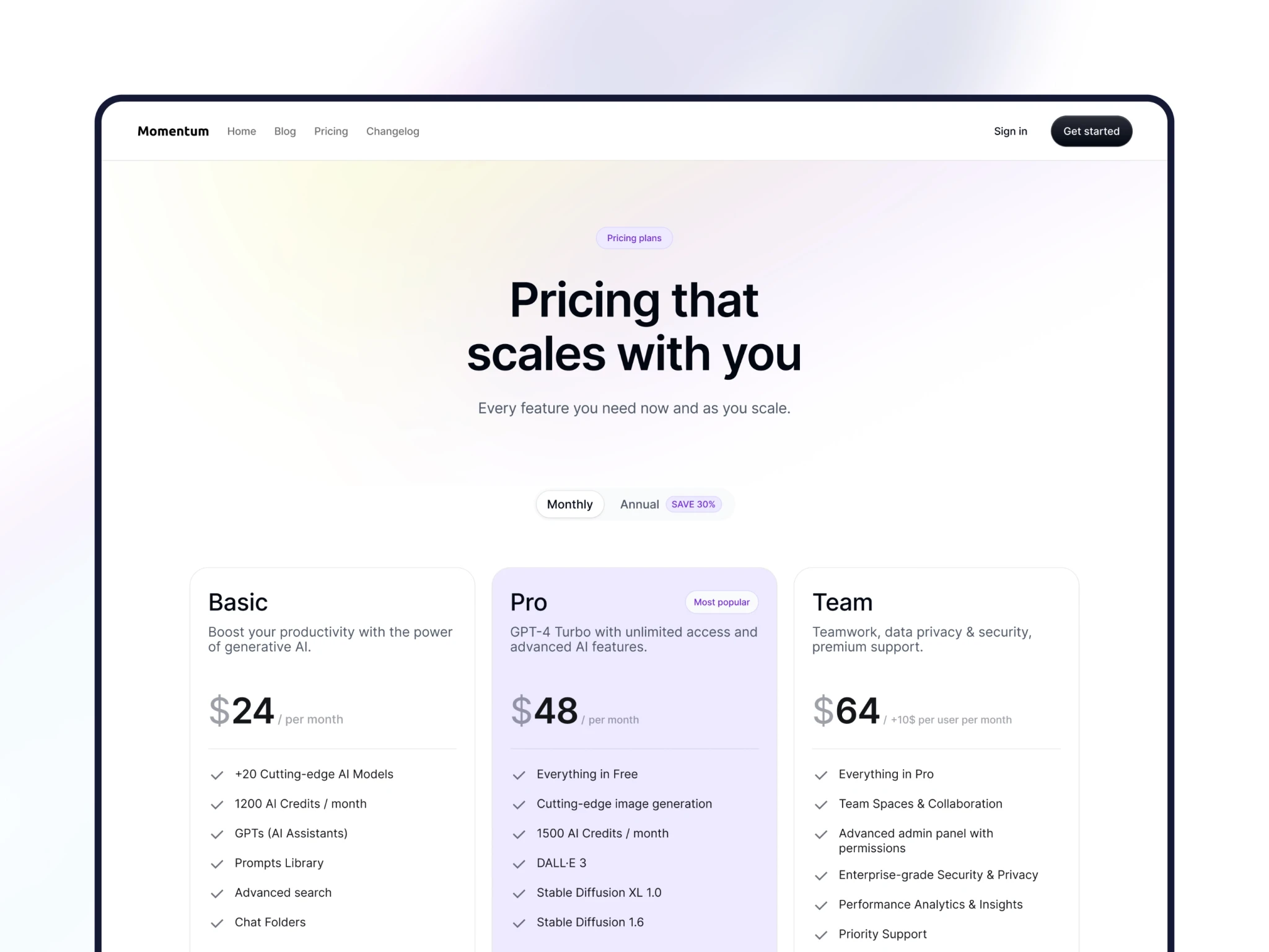 Momentum Framer template preview showcasing AI-powered SaaS features, with voice interaction UI elements, pricing options, and 3D user illustration on a modern layout.