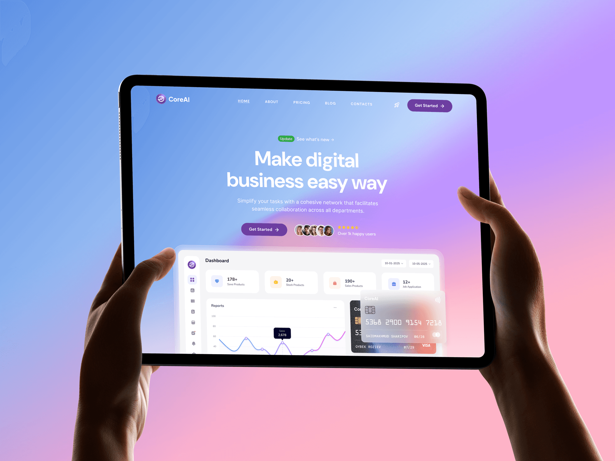 CoreAI SaaS website homepage shown on a tablet screen, featuring a clean, gradient background with the tagline 'Make digital business easy way' and a modern analytics dashboard interface