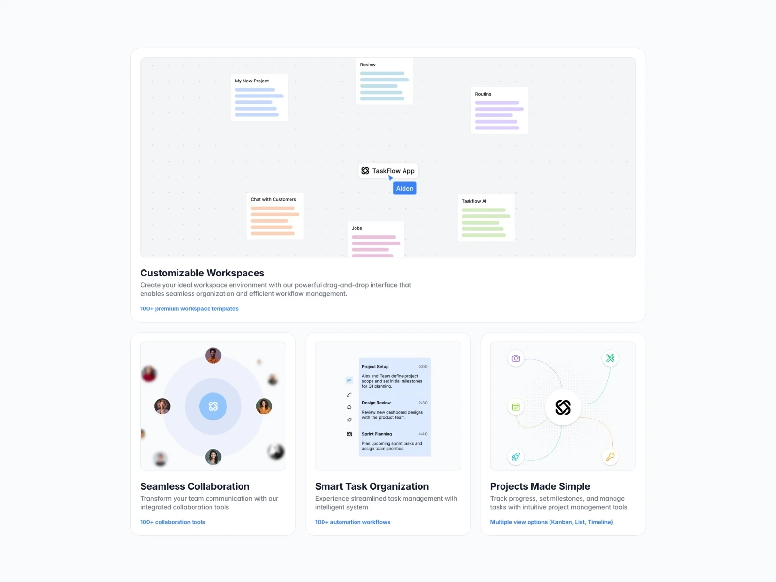 Taskflow SaaS template pricing section — three-column comparison with free, $10, and $20 monthly plans, featuring team size, storage, and support options.