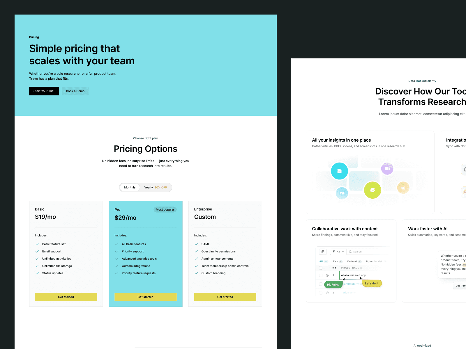 Preview of the Tryvo Framer template showcasing an AI-powered research dashboard with charts, metrics, and a clean modern UI on a tablet screen.