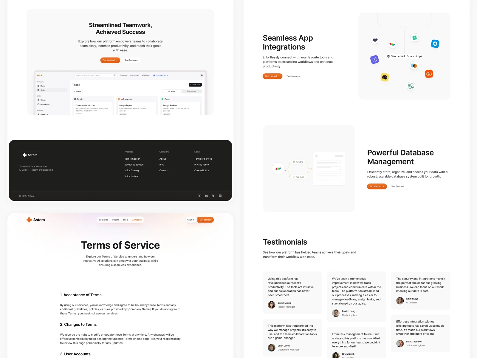 Astera – a modern Framer SaaS template preview for AI voice and text-to-speech platforms, featuring a clean layout, category tags, and a pricing comparison section.