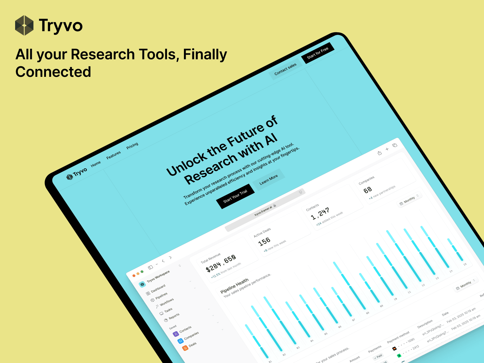 Preview of the Tryvo Framer template showcasing an AI-powered research dashboard with charts, metrics, and a clean modern UI on a tablet screen.