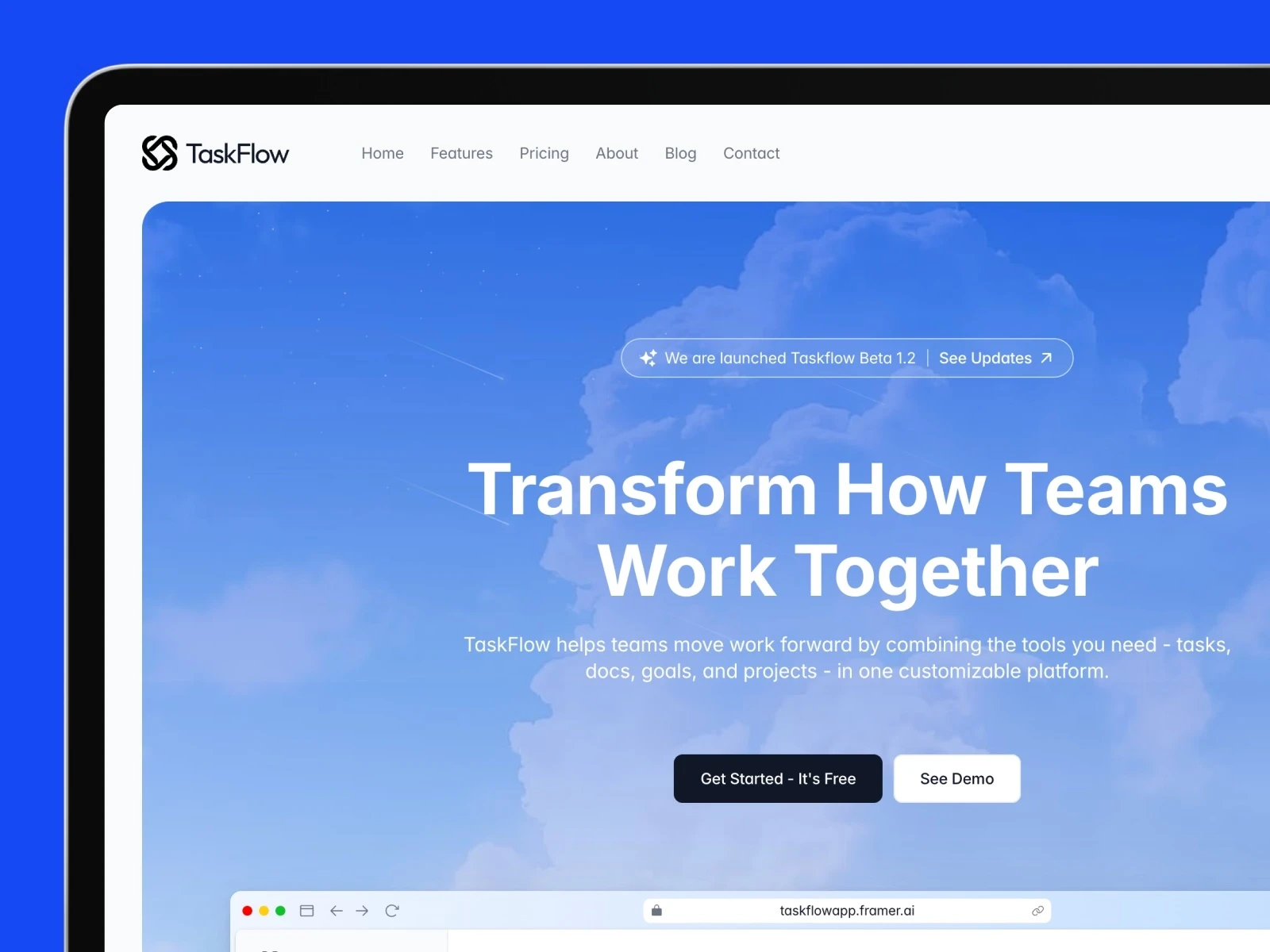 Taskflow SaaS template pricing section — three-column comparison with free, $10, and $20 monthly plans, featuring team size, storage, and support options.