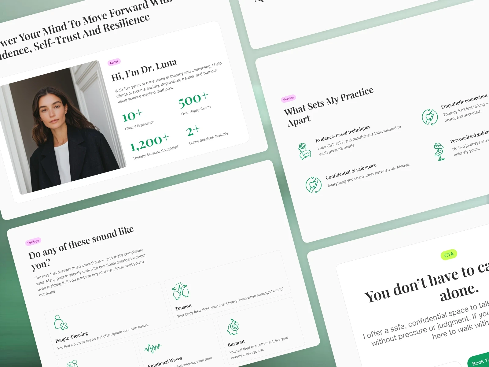 MindEase Framer template preview — a calming, minimalist website design for psychologists and therapists, featuring a soft green color palette, mental health icon, and call-to-action buttons for booking sessions.