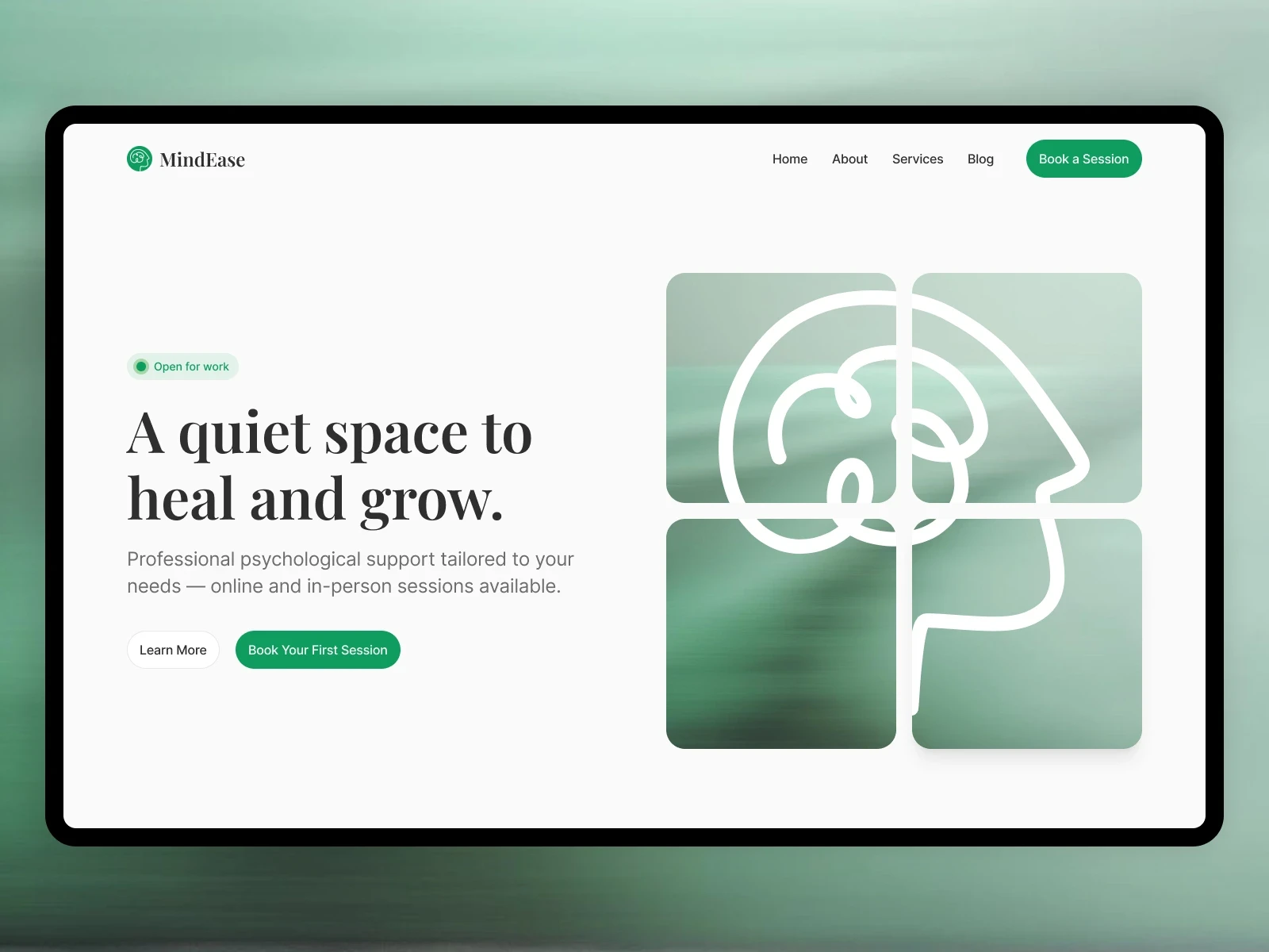 MindEase Framer template preview — a calming, minimalist website design for psychologists and therapists, featuring a soft green color palette, mental health icon, and call-to-action buttons for booking sessions.