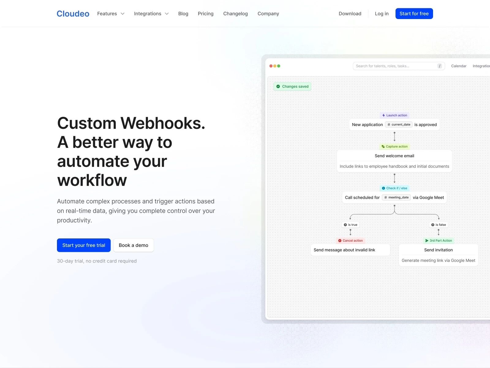 Preview of Cloudeo Framer template — a modern, AI-focused SaaS landing page with responsive layout and key features listed on a dark background.