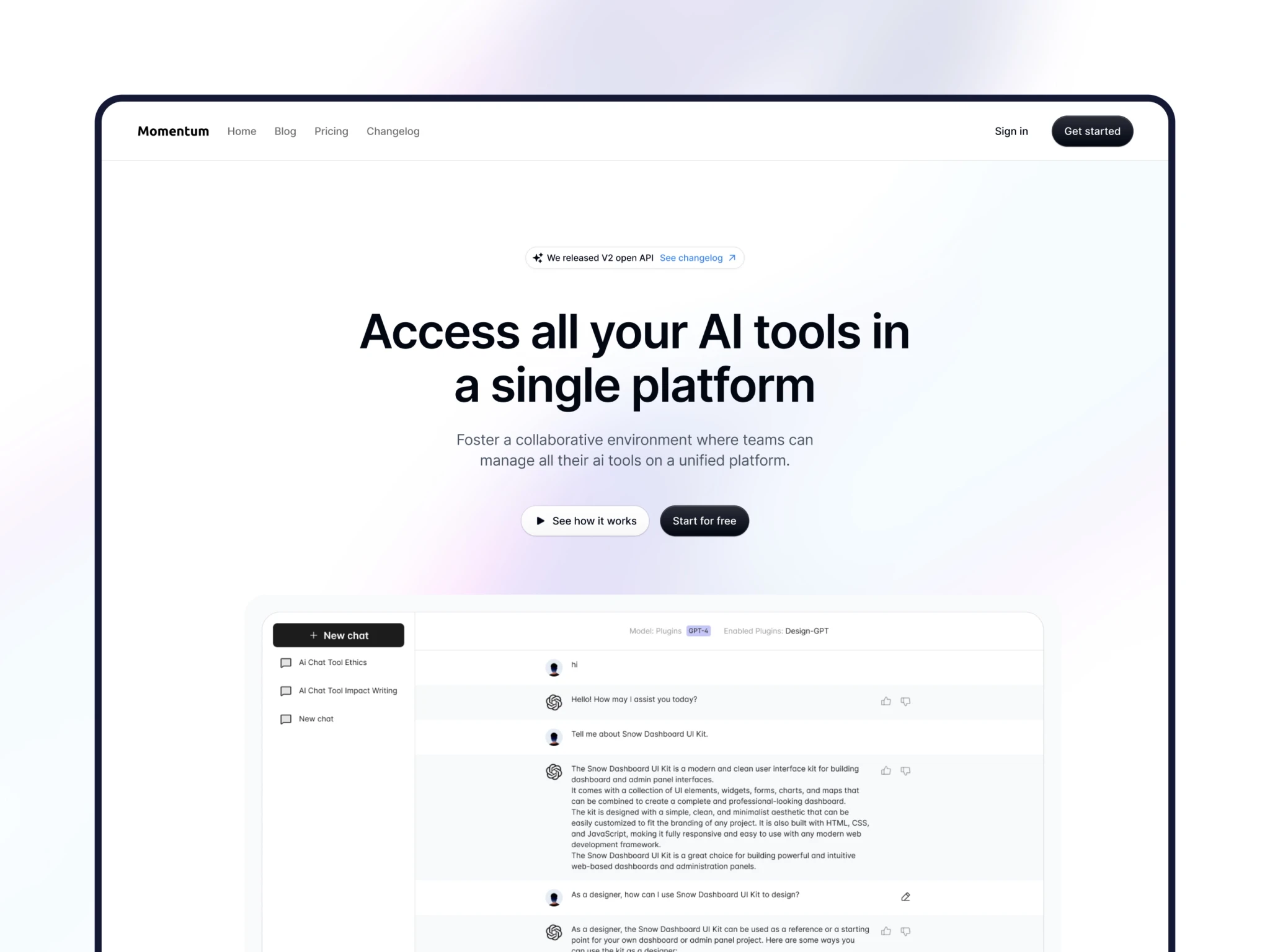 Momentum Framer template preview showcasing AI-powered SaaS features, with voice interaction UI elements, pricing options, and 3D user illustration on a modern layout.