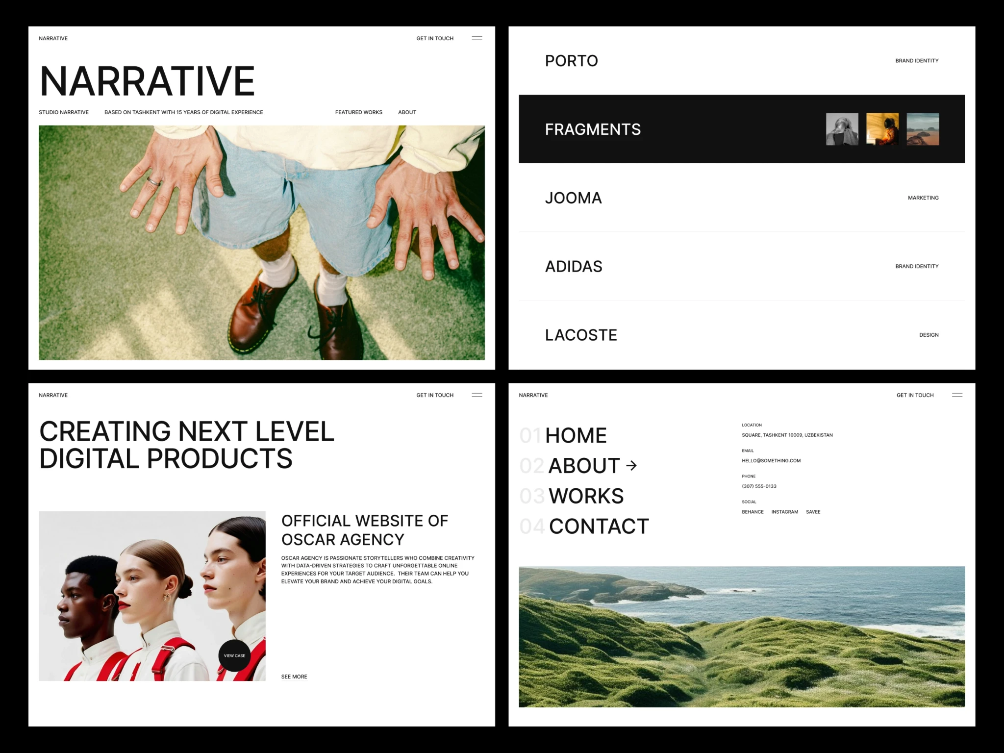 Narrative Framer template preview featuring bold editorial design, full-screen hero images, modern type layout, vertical navigation, and minimalist portfolio sections for creative agencies.