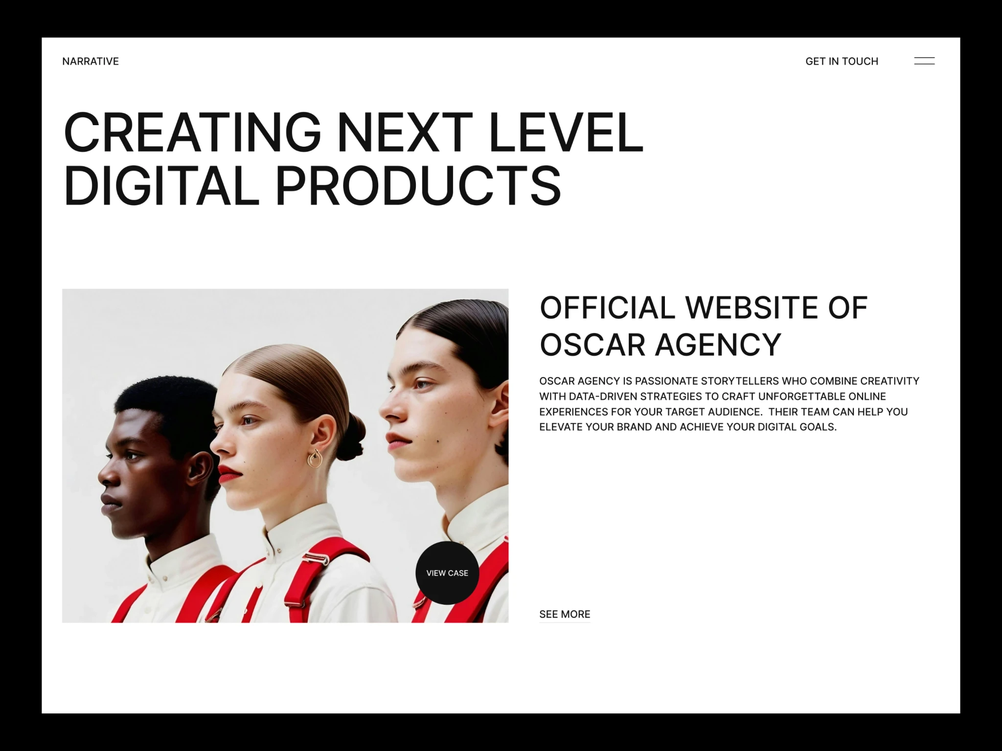 Narrative Framer template preview featuring bold editorial design, full-screen hero images, modern type layout, vertical navigation, and minimalist portfolio sections for creative agencies.