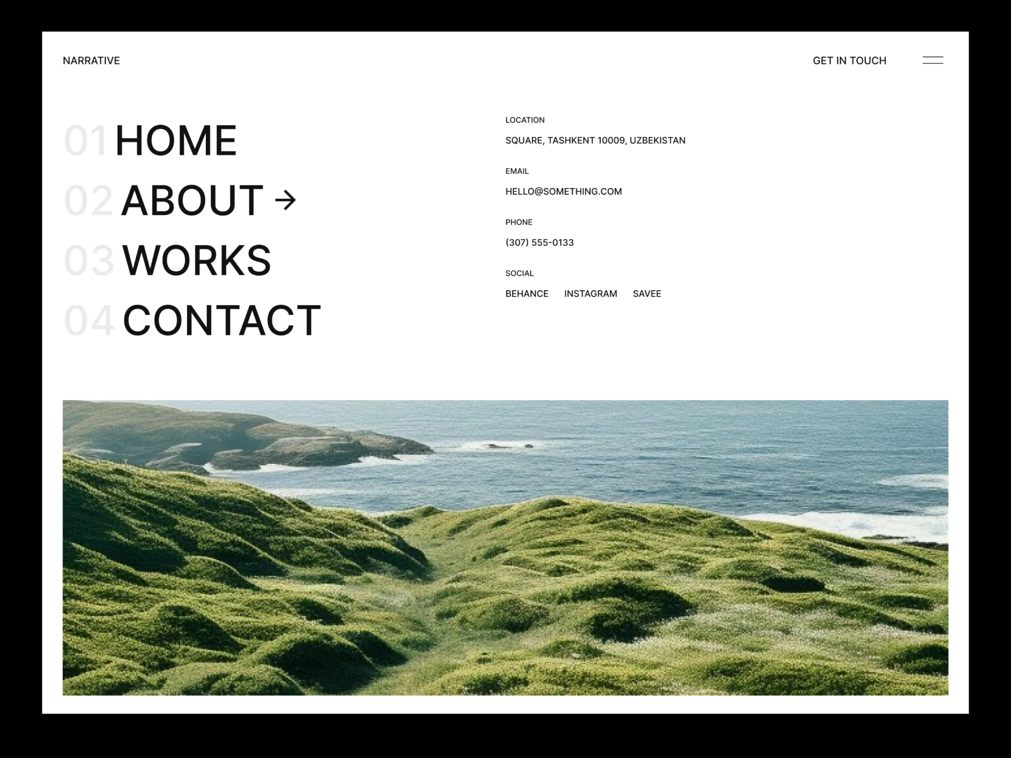Narrative Framer template preview featuring bold editorial design, full-screen hero images, modern type layout, vertical navigation, and minimalist portfolio sections for creative agencies.