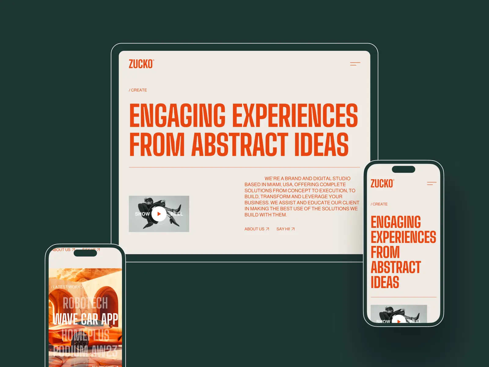 A preview grid of the 'Zucko' website template showing multiple responsive layouts with bold orange and black color schemes, emphasizing creative and abstract design themes for digital products