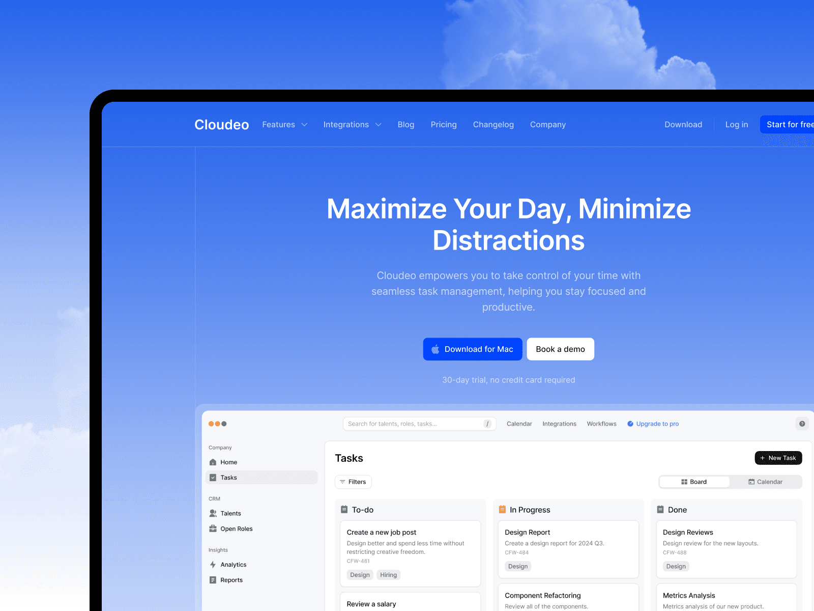 Preview of Cloudeo Framer template — a modern, AI-focused SaaS landing page with responsive layout and key features listed on a dark background.