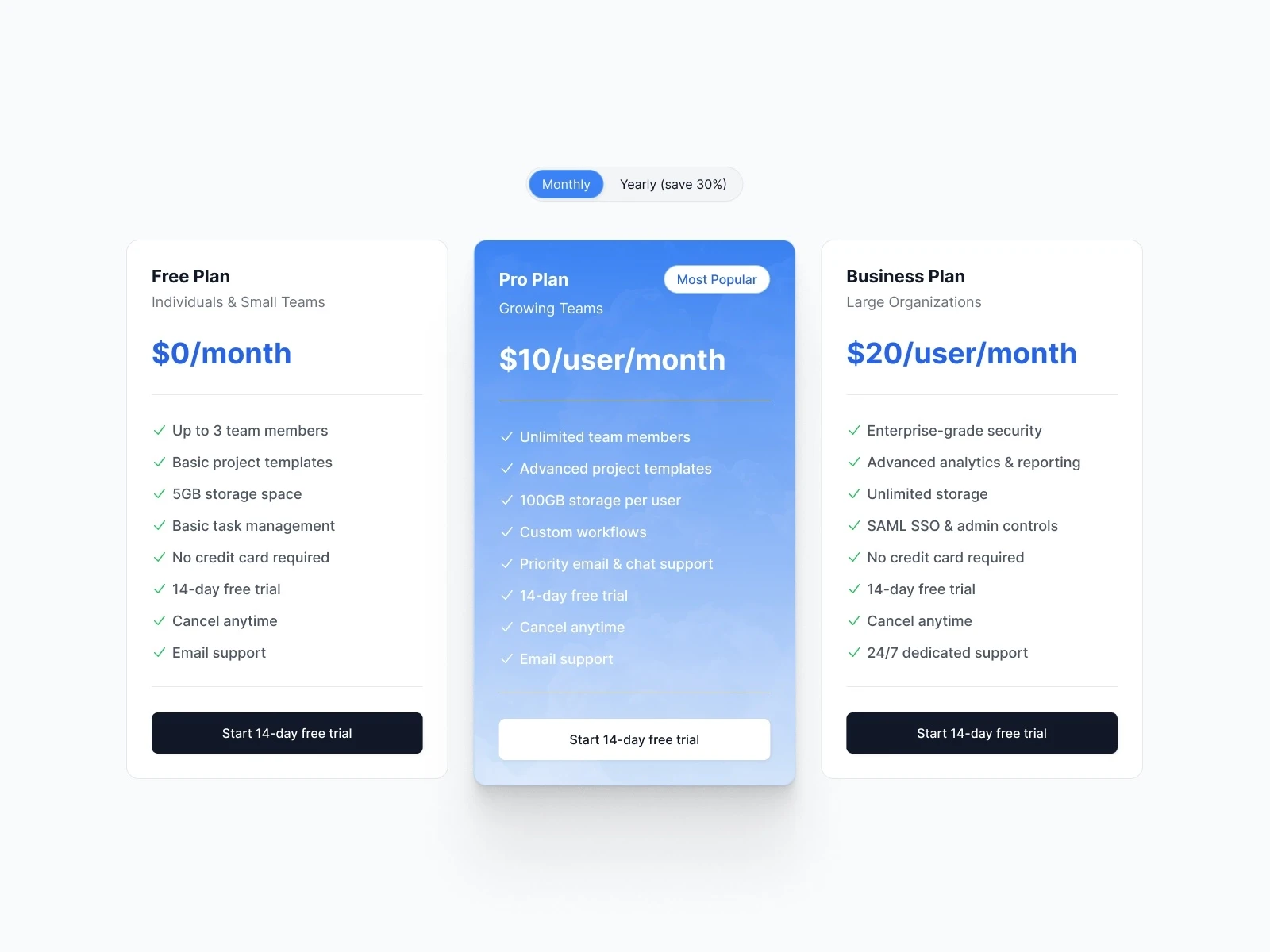 Taskflow SaaS template pricing section — three-column comparison with free, $10, and $20 monthly plans, featuring team size, storage, and support options.