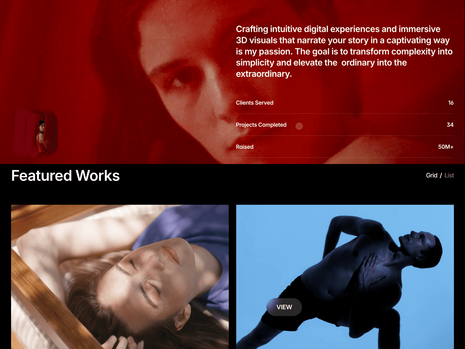 Noémi Keller premium Framer portfolio template featuring a bold hero section with a striking portrait behind red curtains, designed for creatives and agencies to showcase work with elegance.