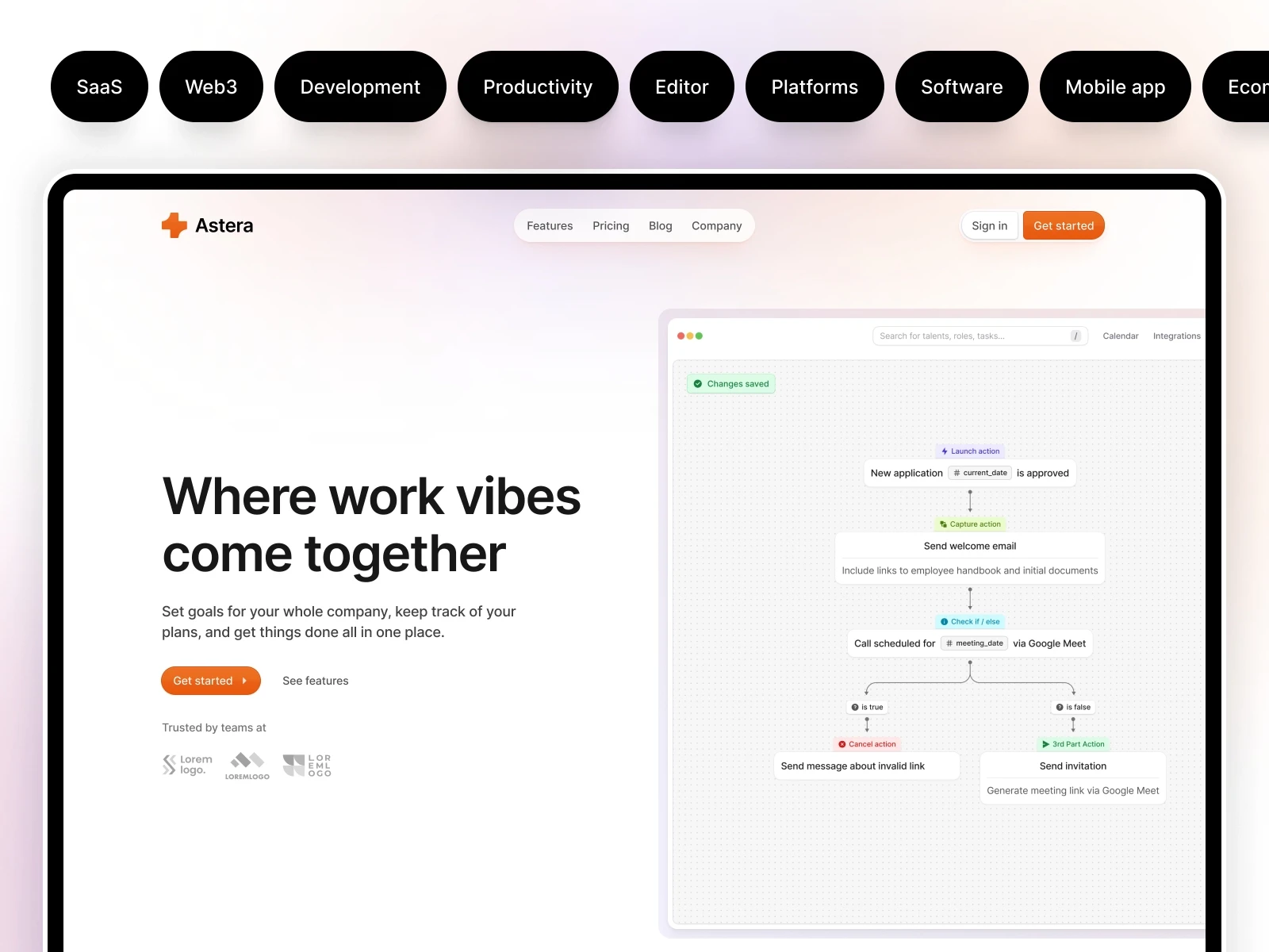 Astera – a modern Framer SaaS template preview for AI voice and text-to-speech platforms, featuring a clean layout, category tags, and a pricing comparison section.