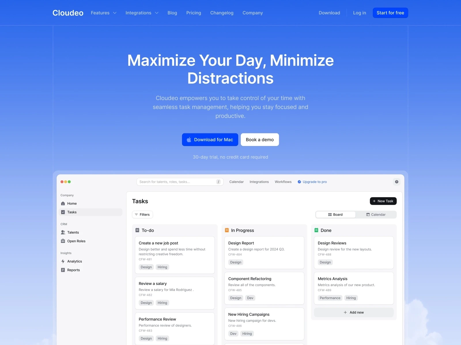 Preview of Cloudeo Framer template — a modern, AI-focused SaaS landing page with responsive layout and key features listed on a dark background.