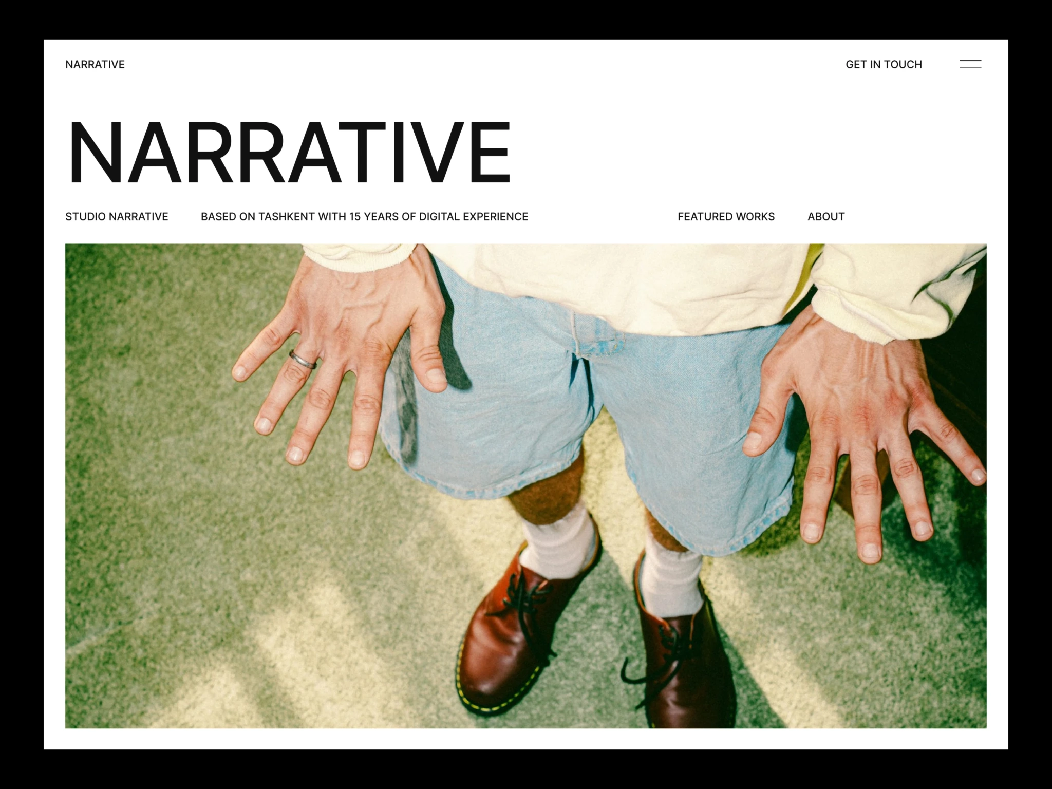 Narrative Framer template preview featuring bold editorial design, full-screen hero images, modern type layout, vertical navigation, and minimalist portfolio sections for creative agencies.